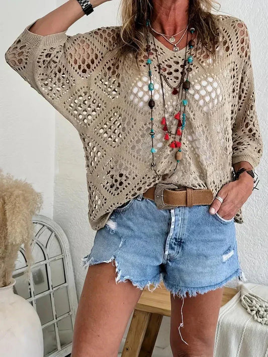 👚 50% OFF NOW! 🌸 Women's Bohemian-Inspired Beige Crochet Top with V-Neck – Breathable, Relaxed Fit & Perfect for Summer Days ☀️