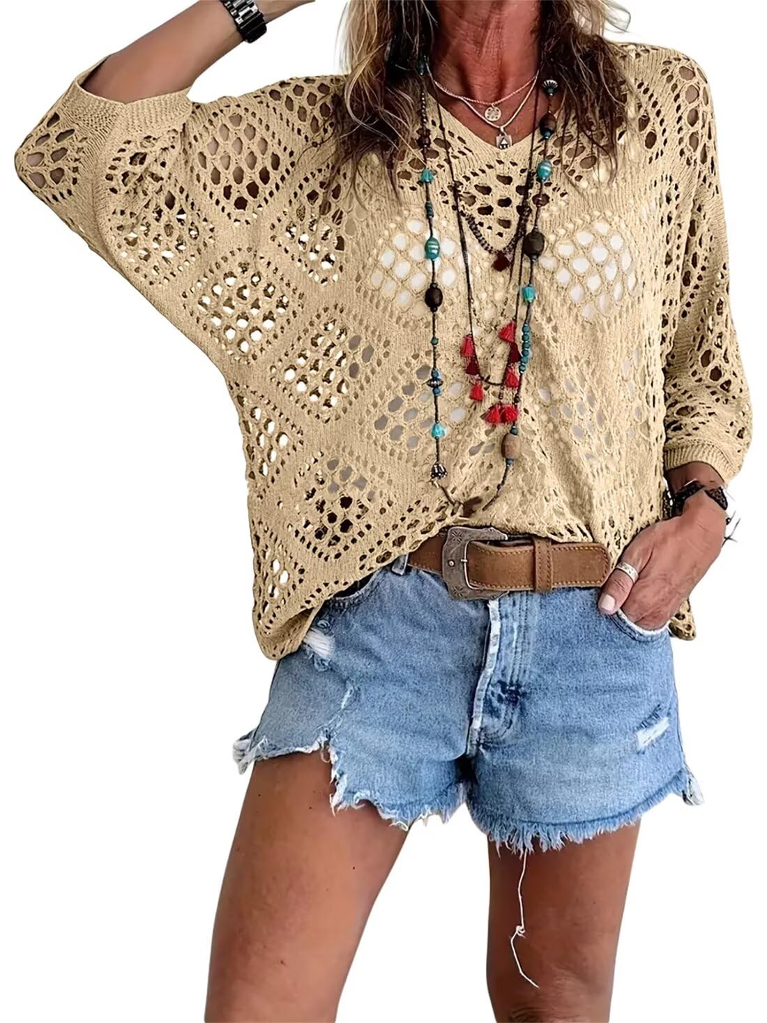 👚 50% OFF NOW! 🌸 Women's Bohemian-Inspired Beige Crochet Top with V-Neck – Breathable, Relaxed Fit & Perfect for Summer Days ☀️