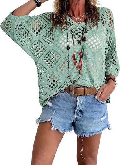 👚 50% OFF NOW! 🌸 Women's Bohemian-Inspired Beige Crochet Top with V-Neck – Breathable, Relaxed Fit & Perfect for Summer Days ☀️