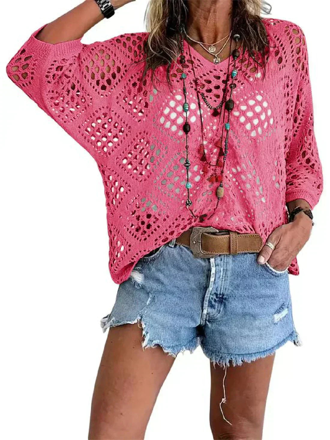 👚 50% OFF NOW! 🌸 Women's Bohemian-Inspired Beige Crochet Top with V-Neck – Breathable, Relaxed Fit & Perfect for Summer Days ☀️