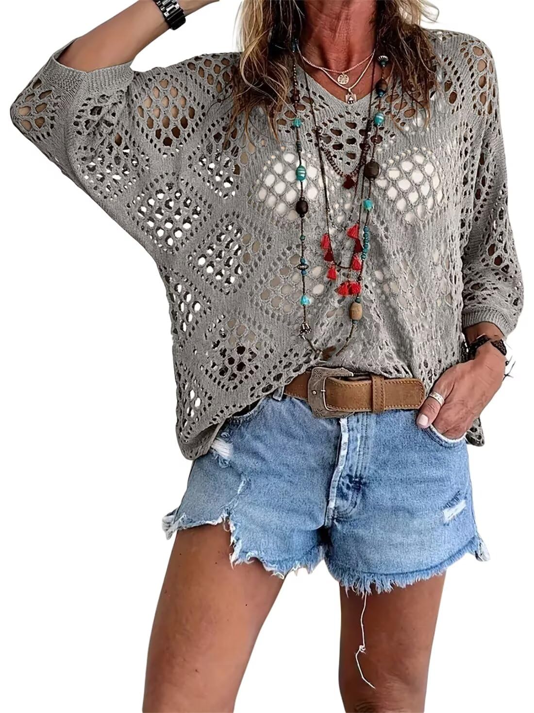 👚 50% OFF NOW! 🌸 Women's Bohemian-Inspired Beige Crochet Top with V-Neck – Breathable, Relaxed Fit & Perfect for Summer Days ☀️