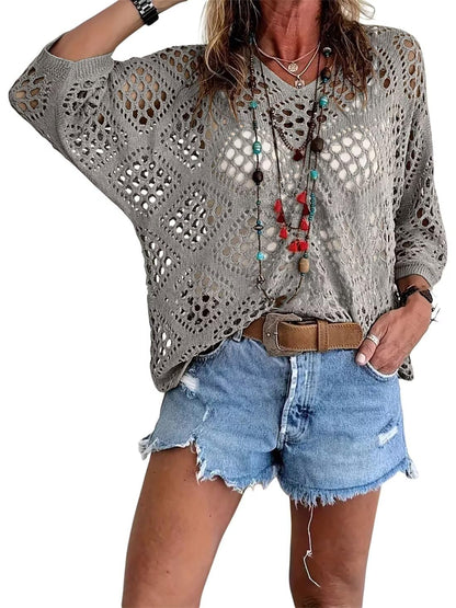 👚 50% OFF NOW! 🌸 Women's Bohemian-Inspired Beige Crochet Top with V-Neck – Breathable, Relaxed Fit & Perfect for Summer Days ☀️