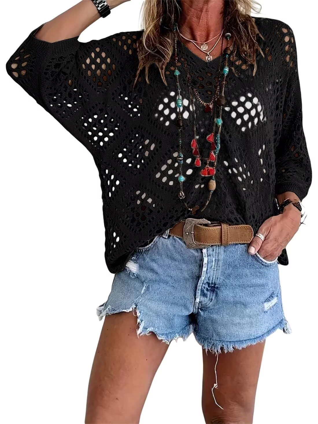 👚 50% OFF NOW! 🌸 Women's Bohemian-Inspired Beige Crochet Top with V-Neck – Breathable, Relaxed Fit & Perfect for Summer Days ☀️