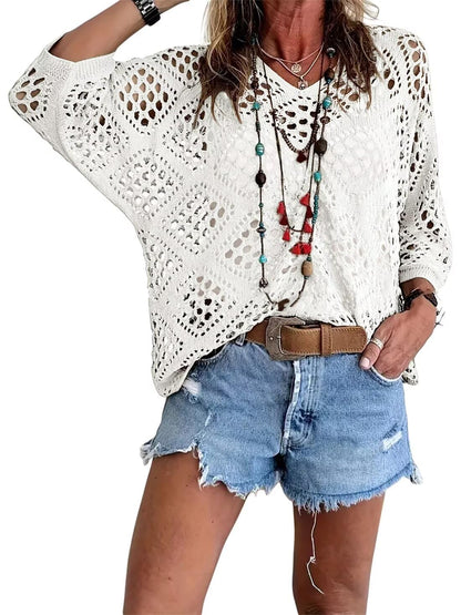👚 50% OFF NOW! 🌸 Women's Bohemian-Inspired Beige Crochet Top with V-Neck – Breathable, Relaxed Fit & Perfect for Summer Days ☀️
